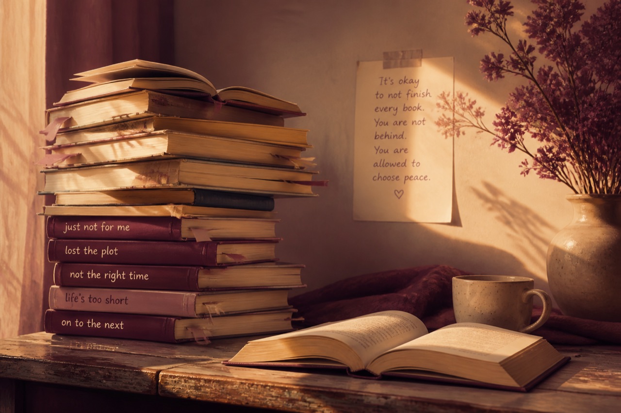 Stack of unfinished books with one open book in warm light