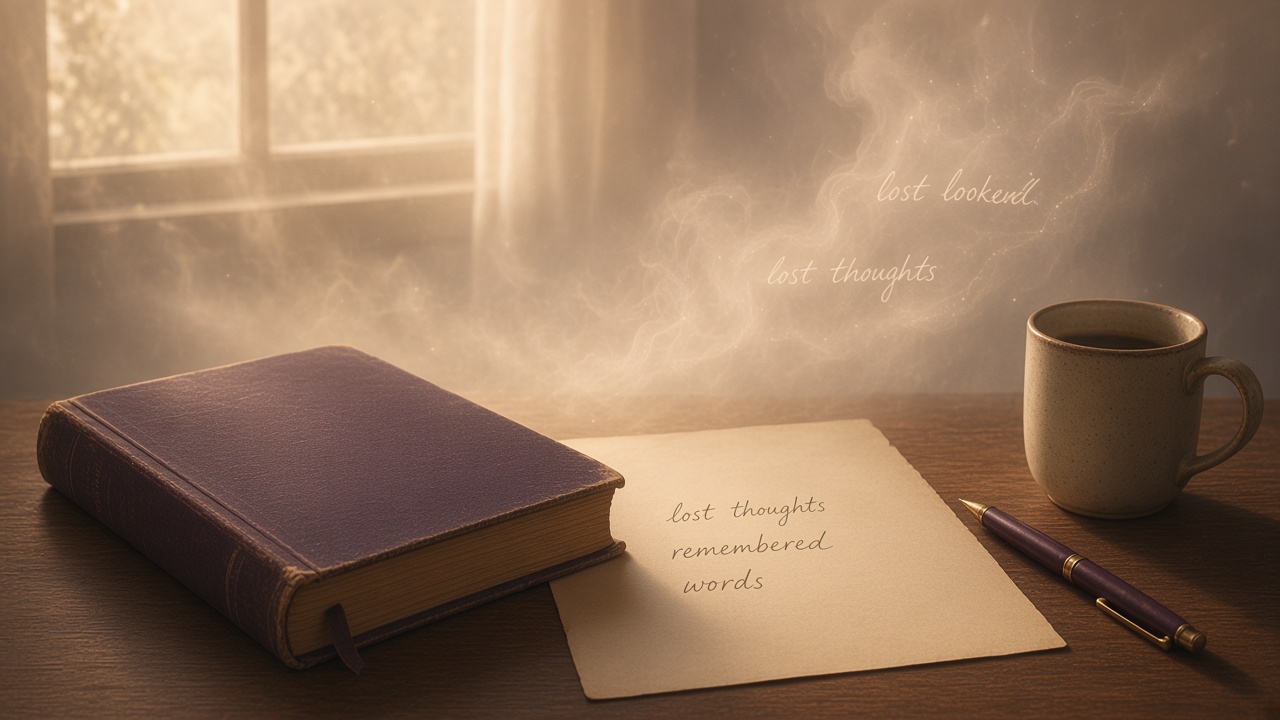 Closed book and blank page where remembered words softly reappear