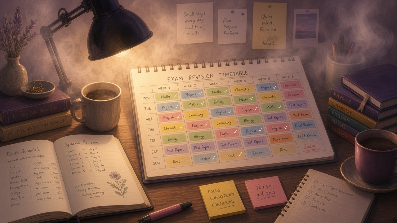 Calm revision calendar with spaced review marks on a desk