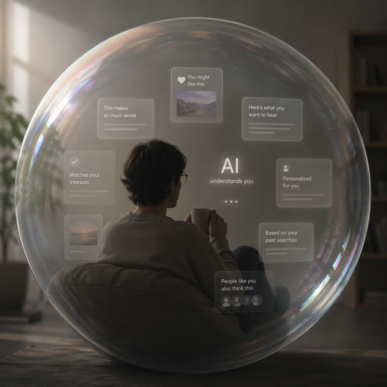 Split graphic: a soap bubble marked hype versus a glowing lightbulb with a circuit brain, asking if AI is a bubble or the next revolution.