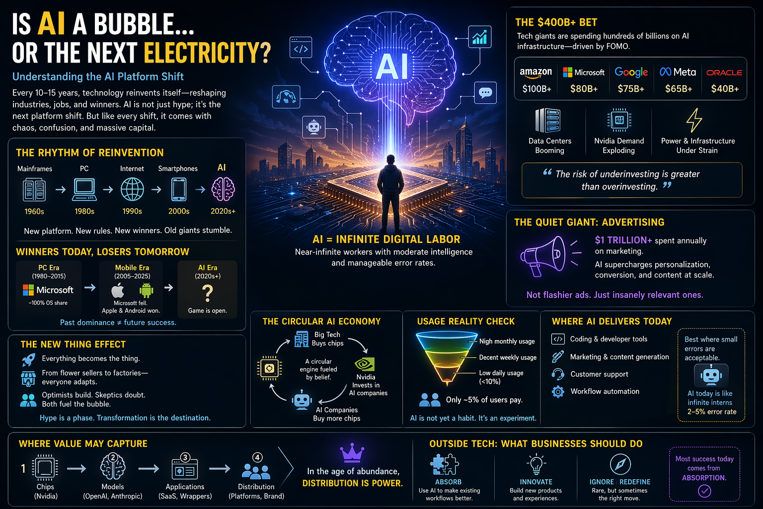 Infographic: the rhythm of reinvention, big-tech AI spend, user reality, the circular AI economy, and where value may accrue—distribution as power.