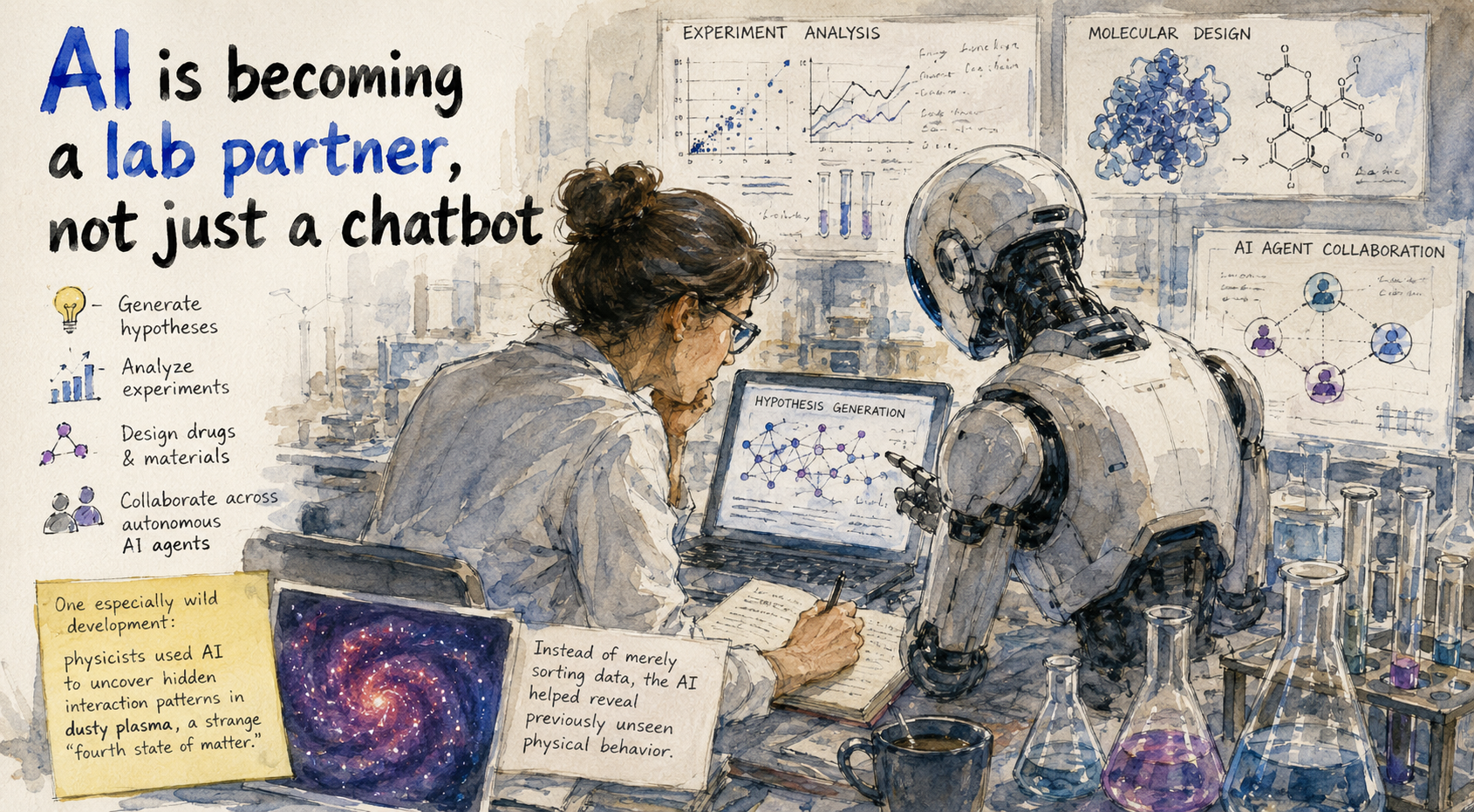 AI as a scientific lab partner: glowing neural network assisting researchers in a high-tech laboratory at night