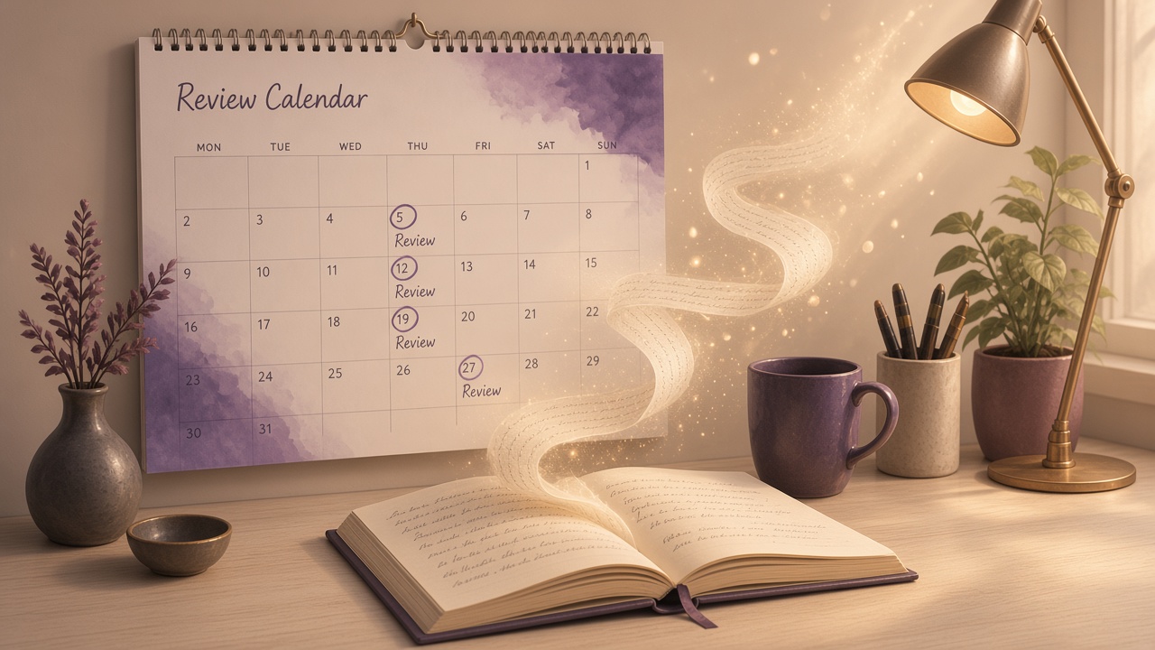 Handwritten notes turning into light then settling into a review calendar