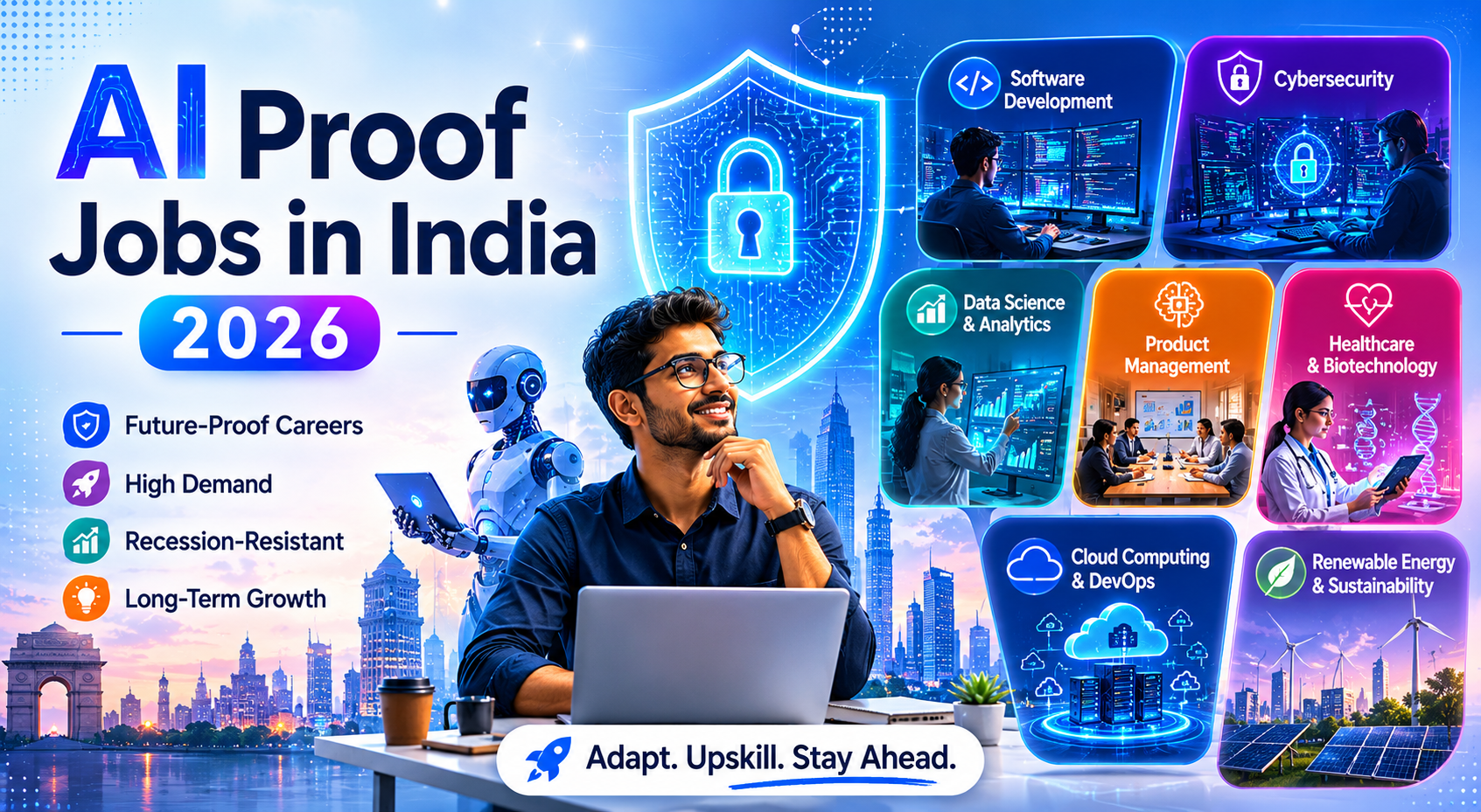 AI-proof jobs in India represented by healthcare workers, tradespeople, educators, and AI professionals