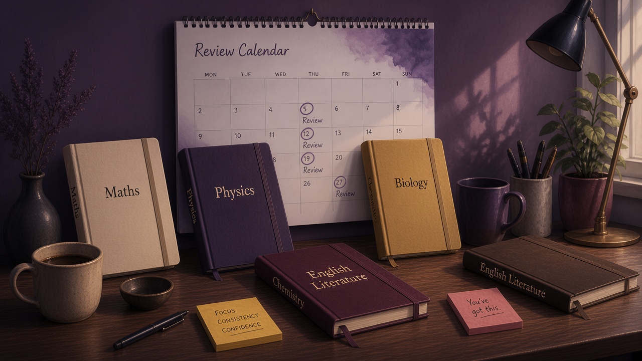 Five subject notebooks with expanding review intervals