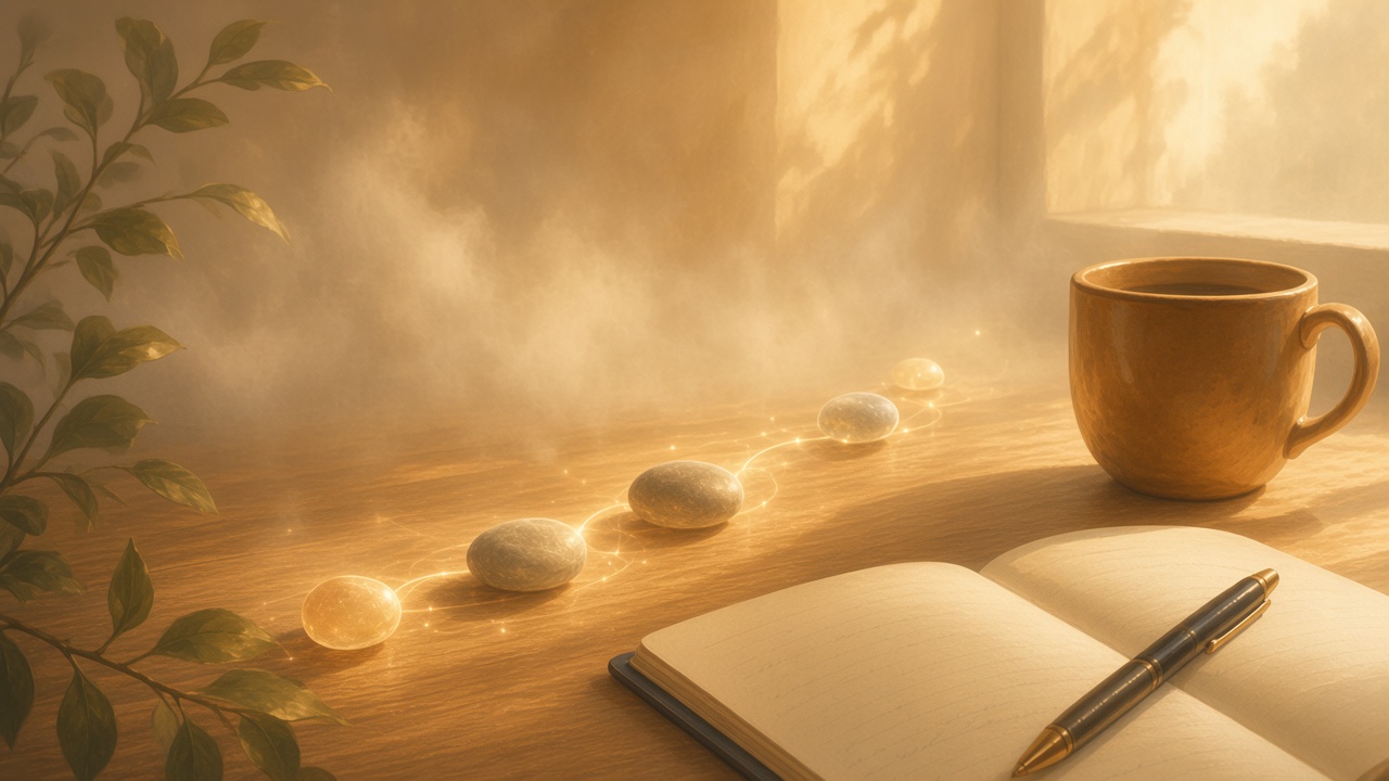 Phone beside soft glowing habit streak markers and morning coffee