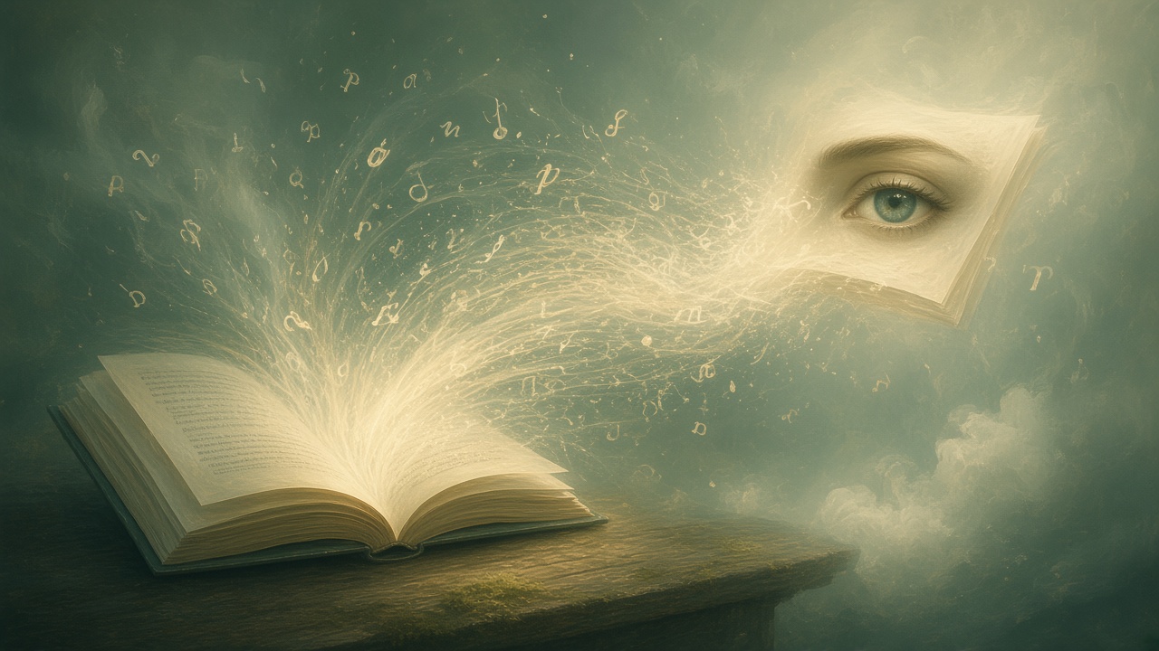 Open book dissolving into a focused stream of word-light
