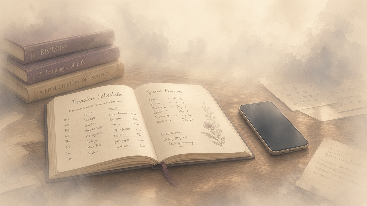 Smartphone beside notebook, books, and calendar pages on a warm desk