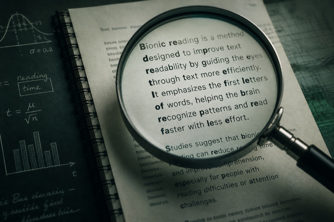 Text sample with bionic bolding next to a research notebook
