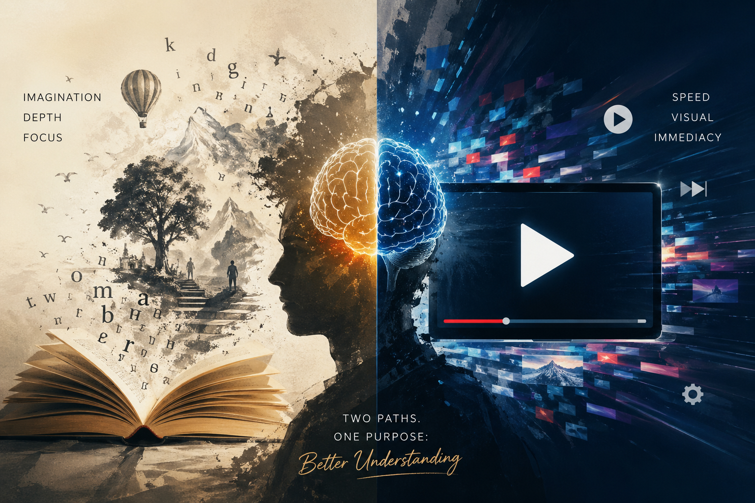 Conceptual illustration comparing reading and video: a silhouette with a split glowing brain, warm sepia tones and a book with a landscape on one side, cool blues and a video player on the other.