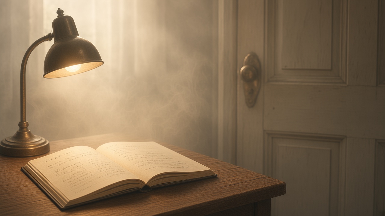 Closed door and single desk lamp illuminating a quiet notebook