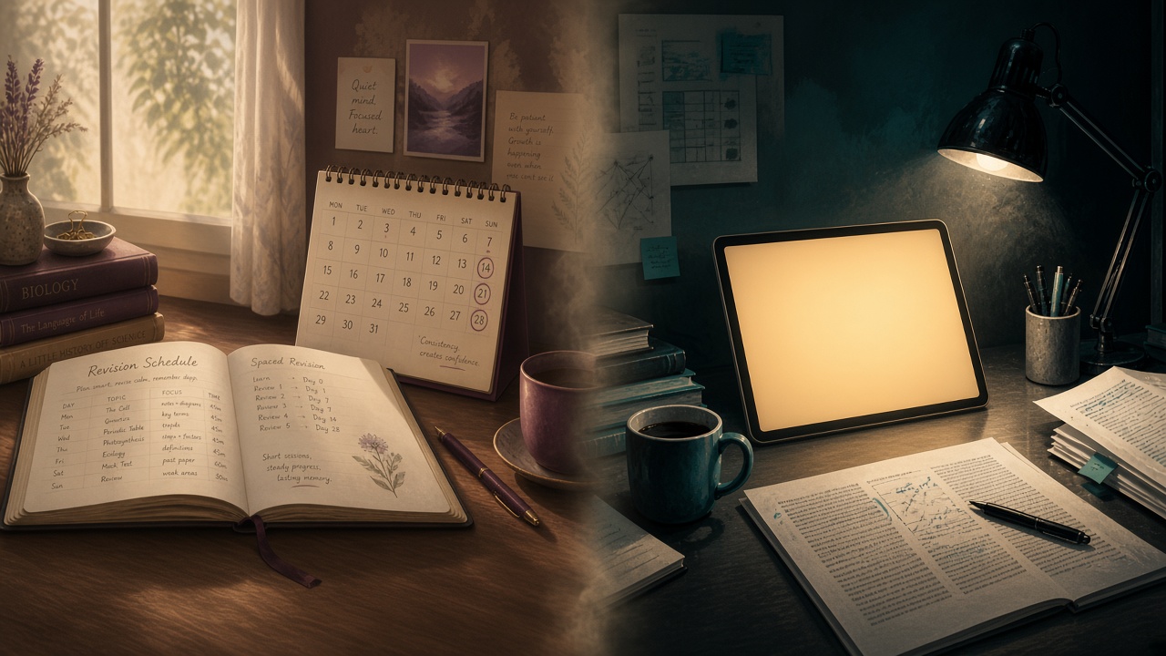 Split scene of paper notebook and tablet on a shared desk