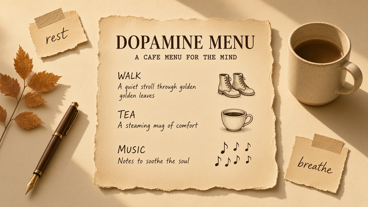 Wholesome reward menu card with tea, walk, and music notes