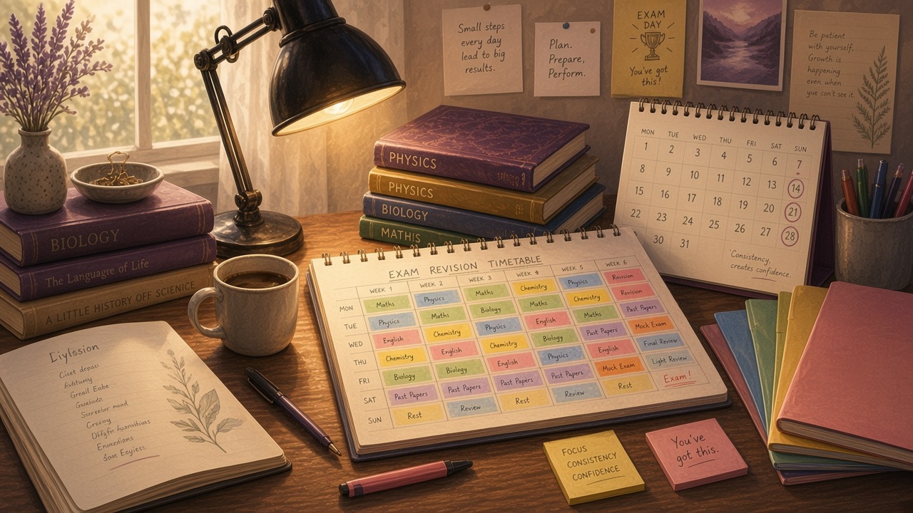 UK study desk with exercise books and colour-coded folders