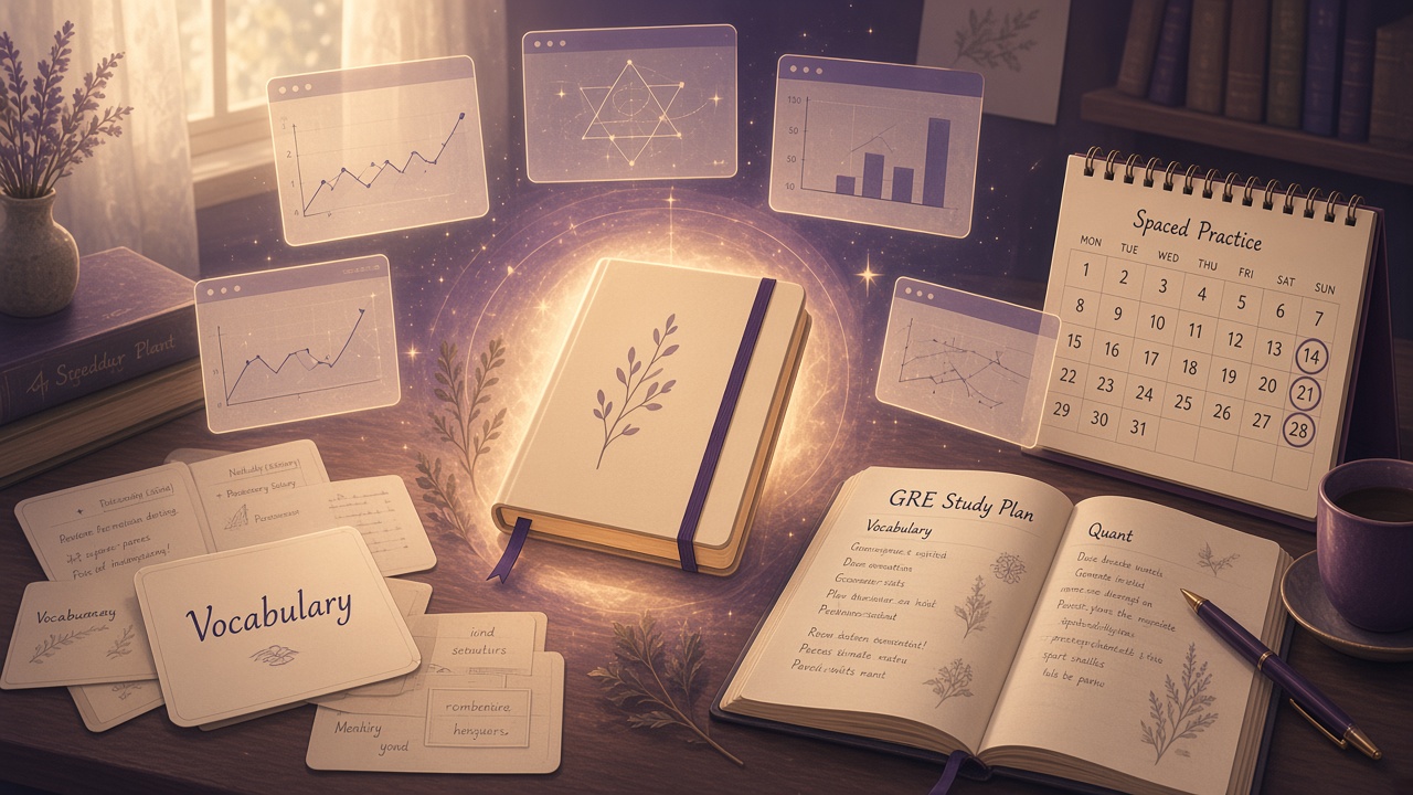 Vocabulary cards and quant notebook beside spaced calendar