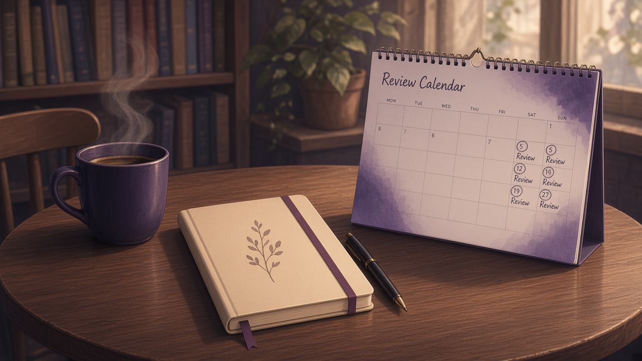 Cafe notebook and spaced review calendar instead of card mountain
