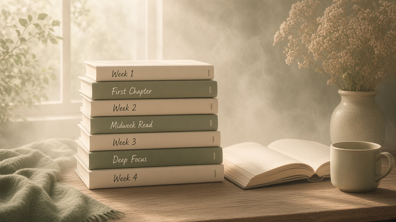 Gentle stack of seven books with soft weekly marks