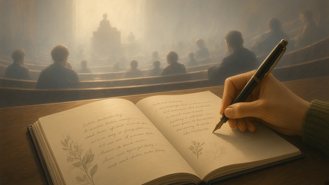 Hand writing in a notebook with a misty lecture hall behind