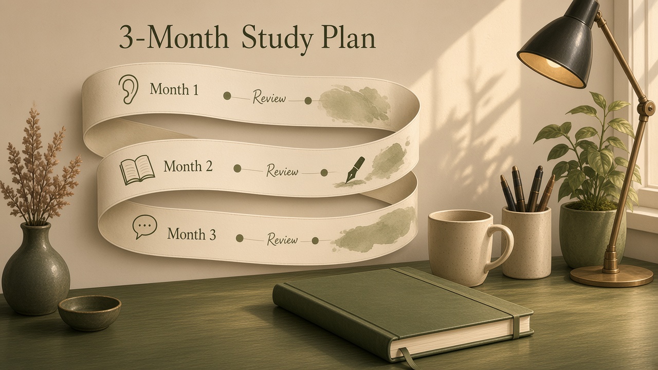 Three-month timeline ribbon with spaced review marks