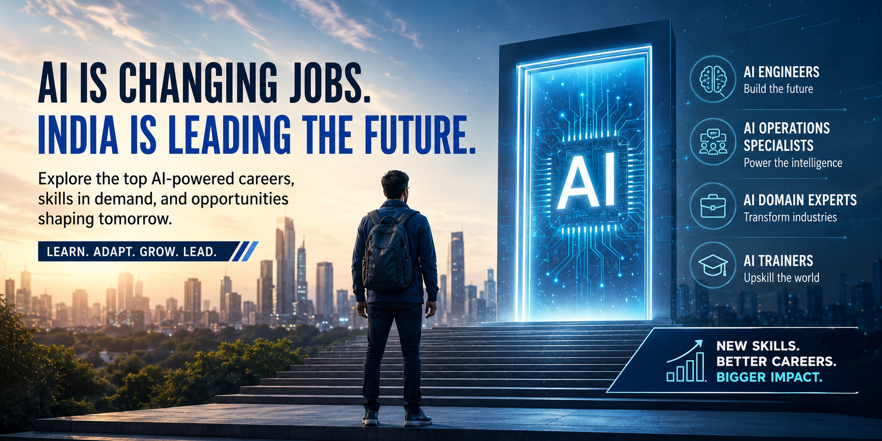 AI is changing jobs in India: professional facing a glowing AI portal in a city skyline with career paths for AI engineers, operations specialists, domain experts, and trainers