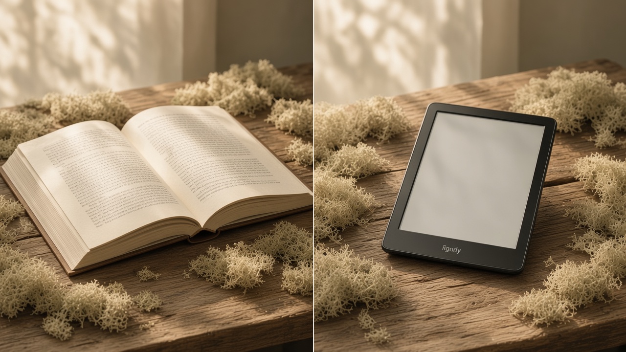 Physical book beside a blank e-reader in equal warm light