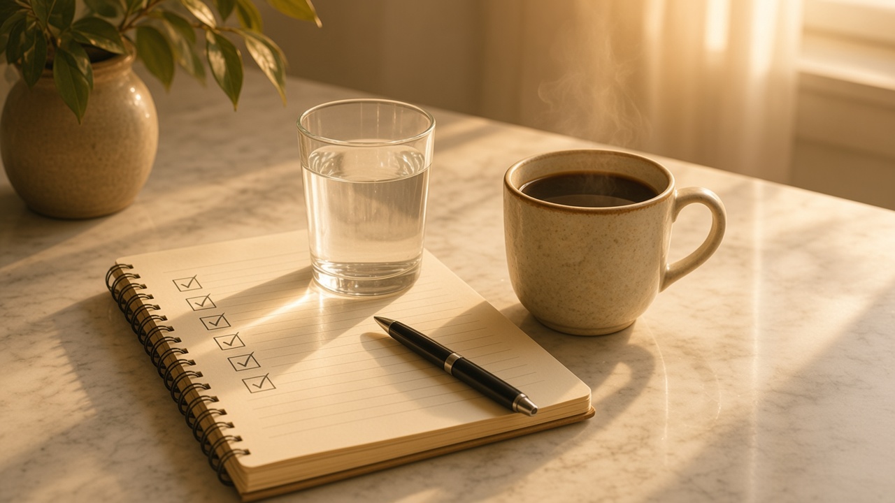 Dawn light on water glass, notebook, and coffee