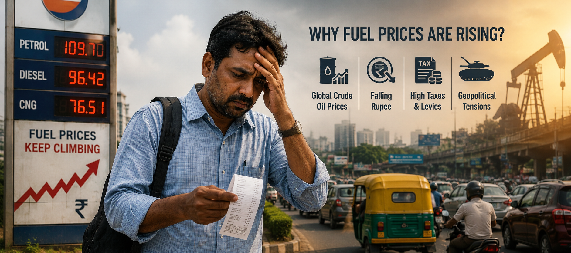 Why fuel prices are rising in India: infographic with fuel price board showing petrol diesel and CNG rates, stressed commuter with receipt, and icons for crude oil, rupee, taxes, and geopolitical risk