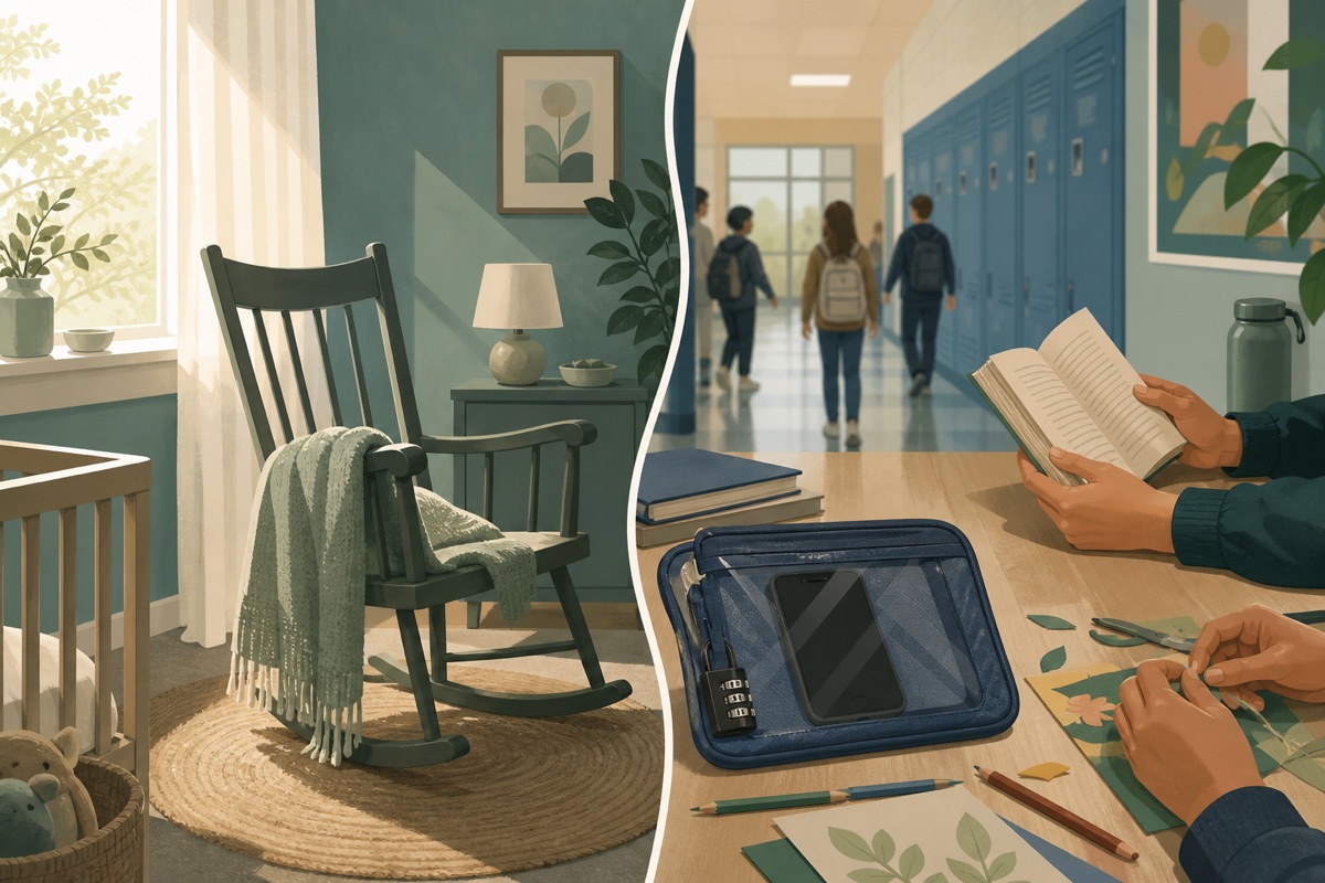 Editorial illustration pairing quiet postpartum care with a phone-free school desk and book