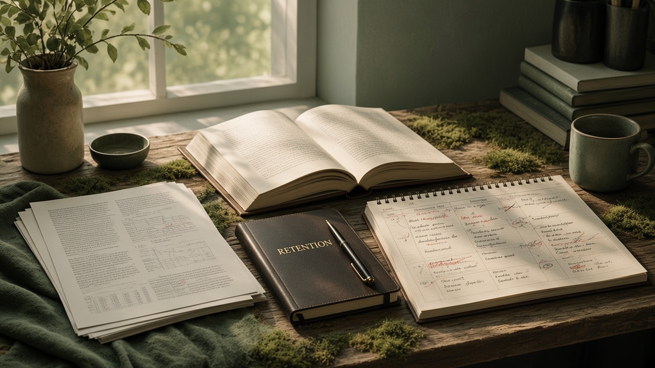 Reports and book with retention notebook beside calendar