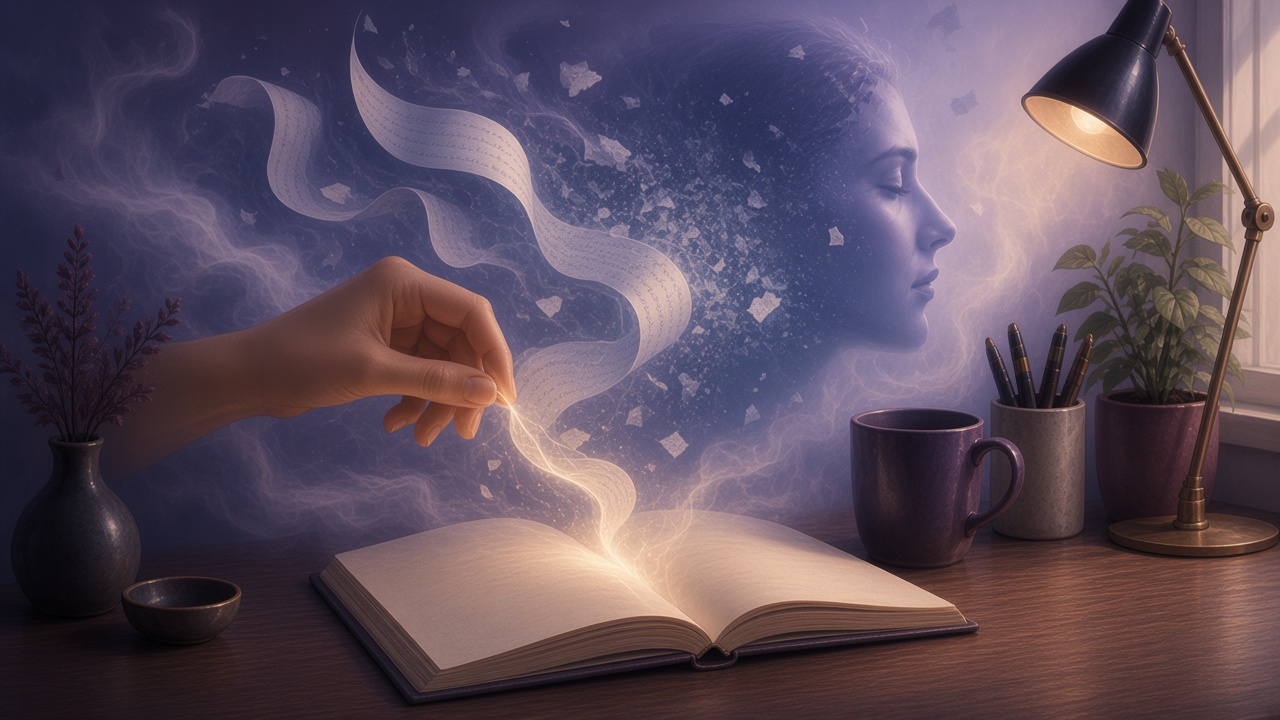 Hand drawing a glowing thread of memory from a notebook