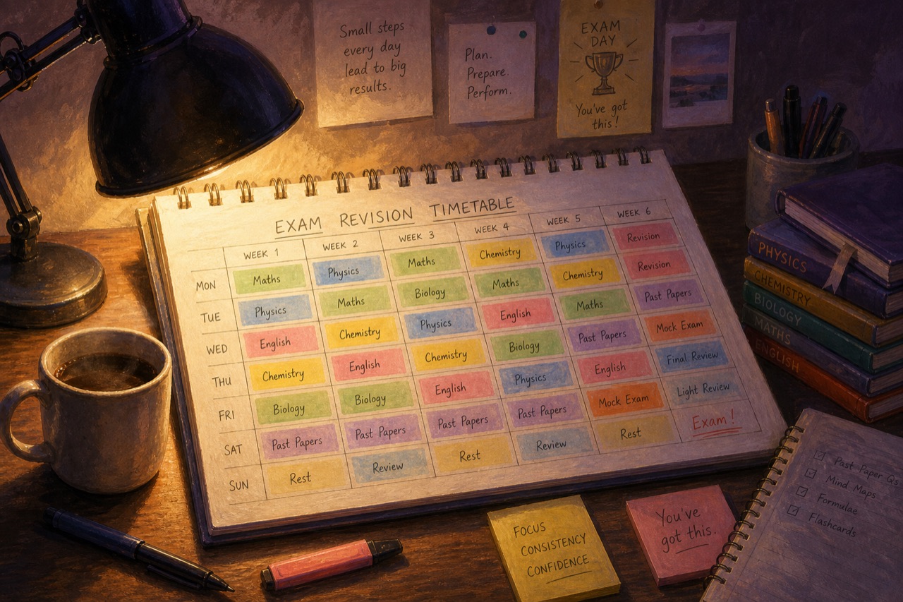 Revision calendar spanning exam season with color-coded subjects