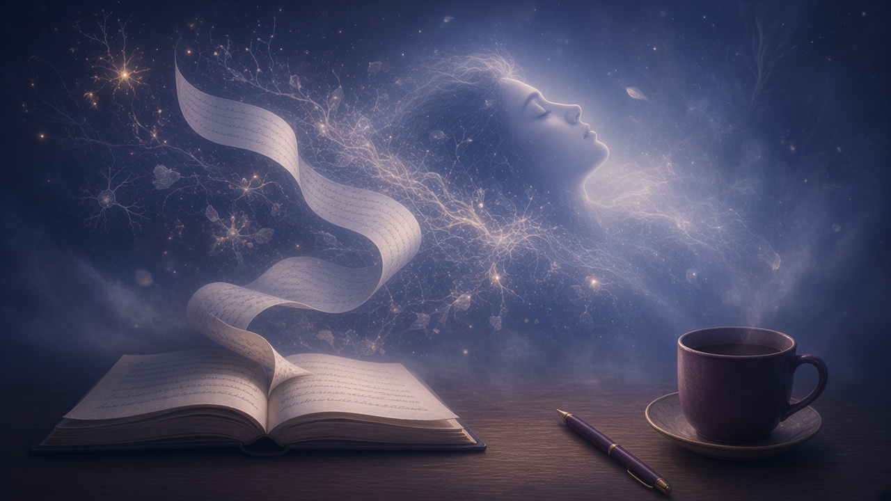 Night desk with open book and soft moonlight memory sparks