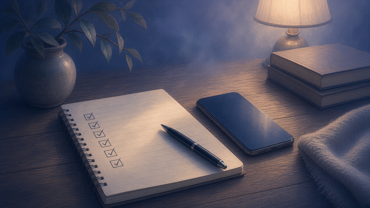 Dim bedroom corner with lamp, journal, and phone face-down