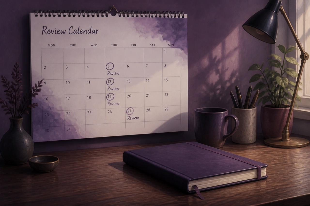 Calendar with spaced review intervals marked across weeks
