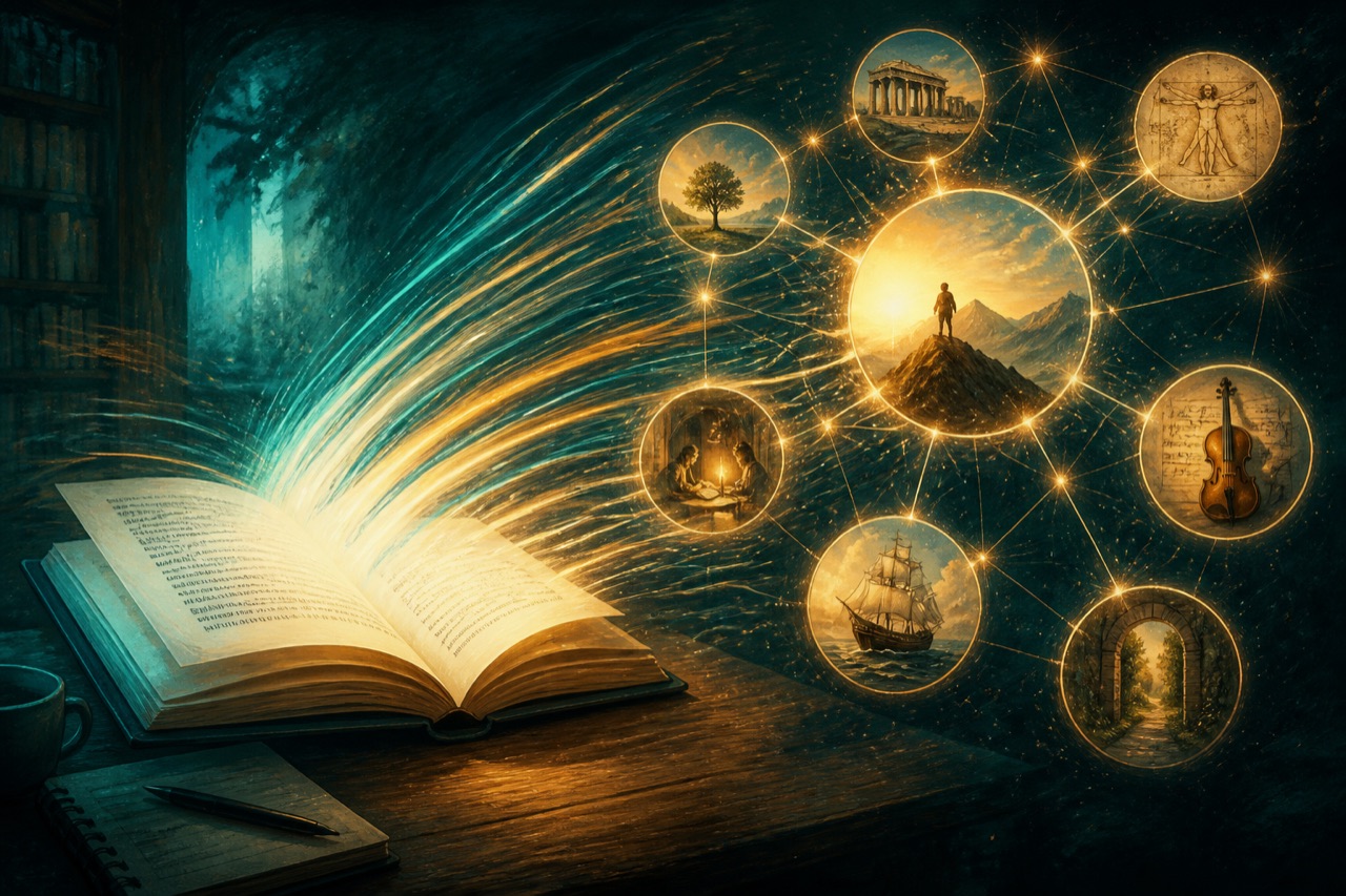 Book with speed lines transforming into memory nodes