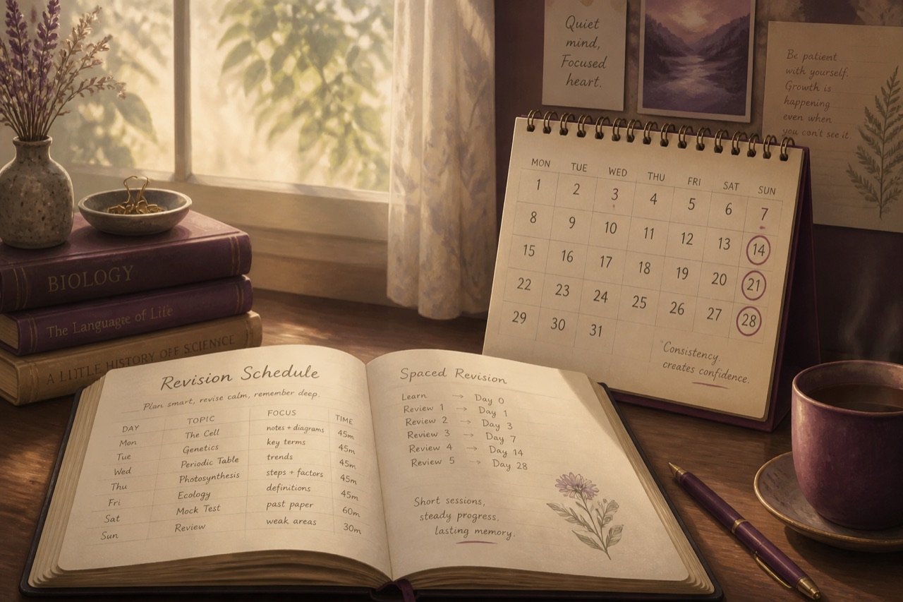 Minimal desk with notebook, calendar, and soft morning light representing a sustainable study system