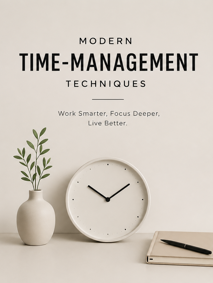 Modern time-management cover with minimal desk setup, clock, notebook, and the title 'Modern Time-Management Techniques'