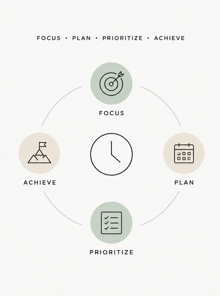 Diagram showing the focus, plan, prioritize, and achieve cycle for time management