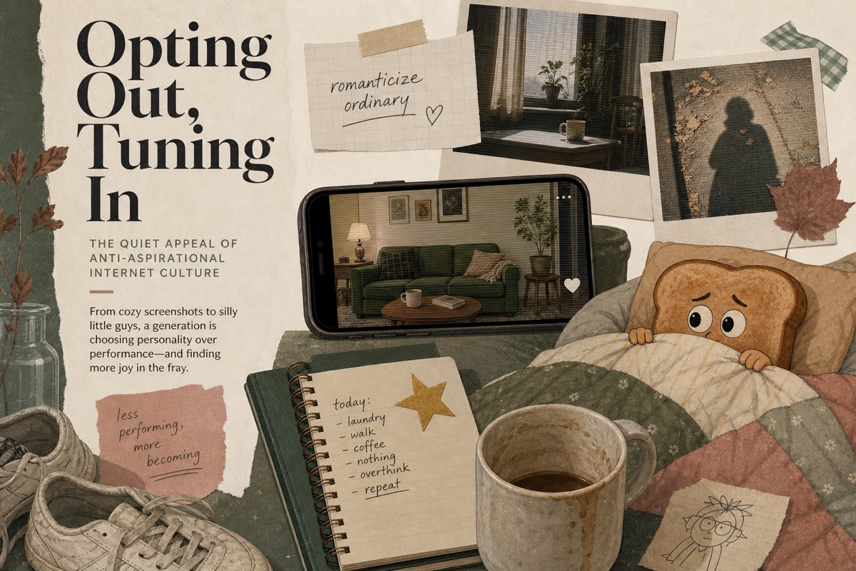 Editorial collage of whimsical anti-aspirational social culture: gold stars, cozy rooms, nostalgia frames