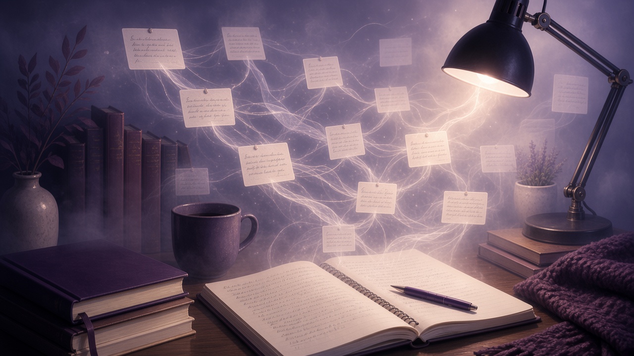 Index cards linked by soft glowing threads in a knowledge network